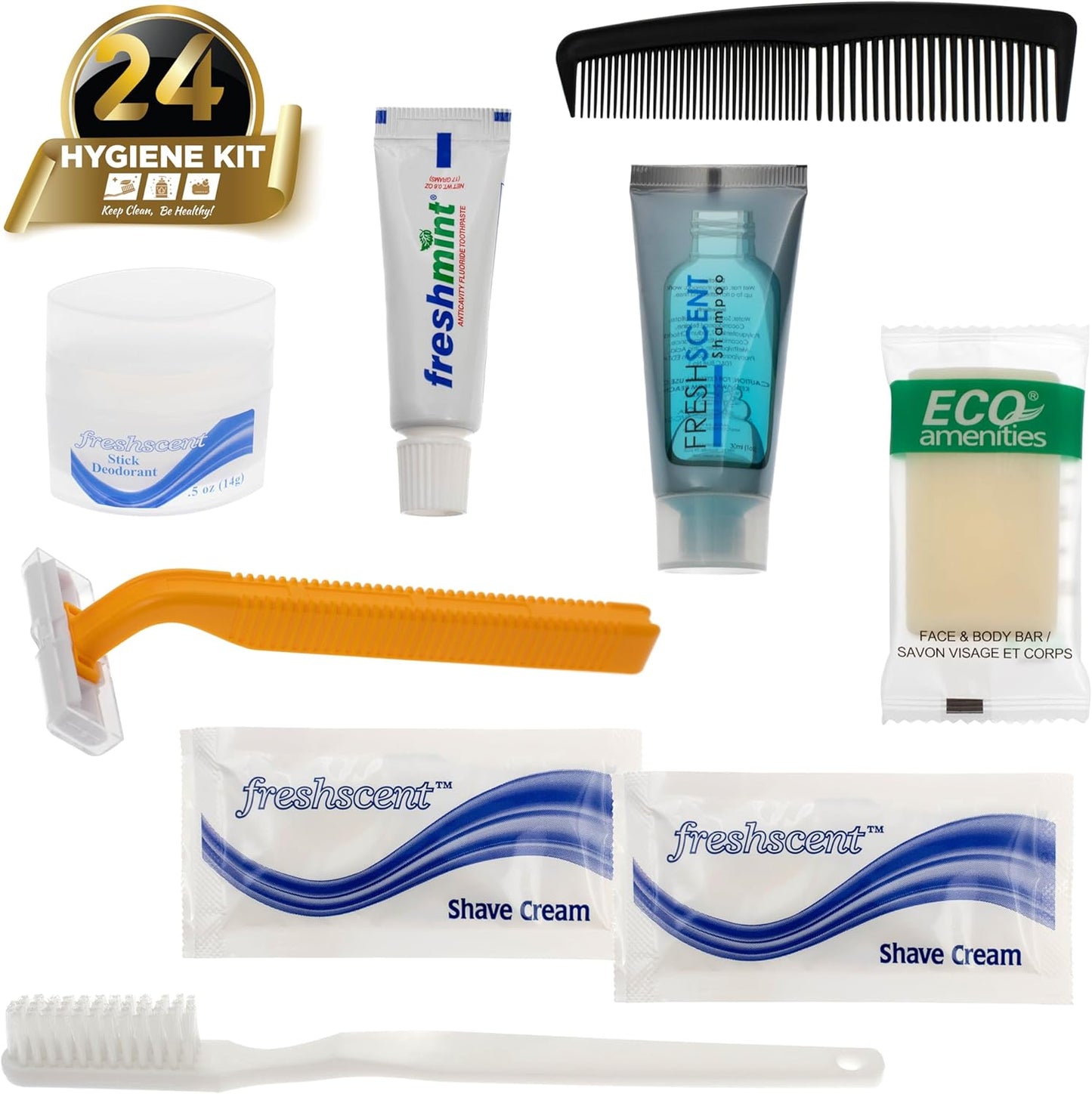 Moda West 24 Kits - Bulk Case of Wholesale Deluxe Toiletries Bathroom Essentials Men, Women, Travel, Charity, Homeless Shelters - 9 Piece Kit, Travel-Ready, Donation Ready, Essential Hygiene Products