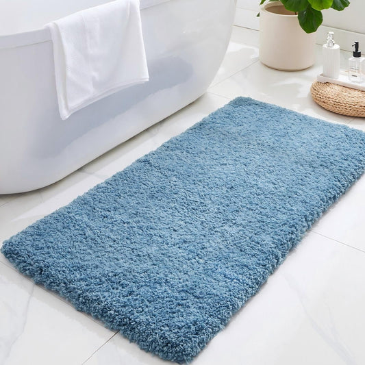 ILANGO Blue Bathroom Rugs 48" × 24" Non Slip & Super Absorbent Extra Thick Soft, Washable Bath Mat for Floor, Microfiber Plush Shaggy Bath Rug with Rubber for Bathtub Shower Room Sink
