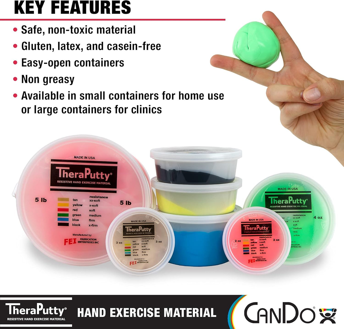 CanDo TheraPutty Standard Hand Exercise Putty For Rehabilitation, Exercises, Hand Therapy, Occupational Therapy, Hand Strengthening, Improve Motor Skills, Stress Relief 2-ounce