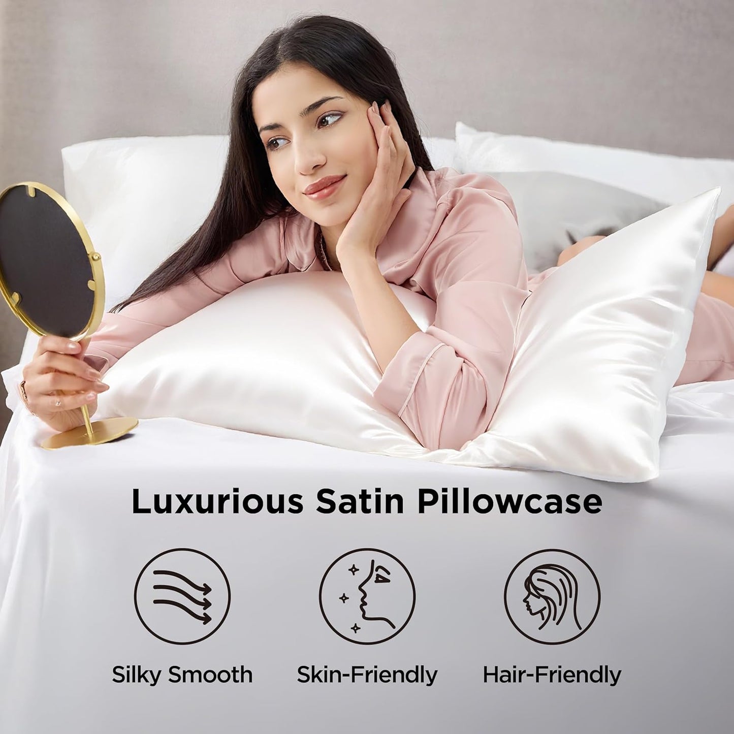Bedsure Satin Pillowcase 2 Pack Similar to Silk Pillow Cases Standard Size, Pillow Case for Sleeping Women with Envelope Closure, Gifts for Women Men, Ivory, 20x26 Inches, 2pcs