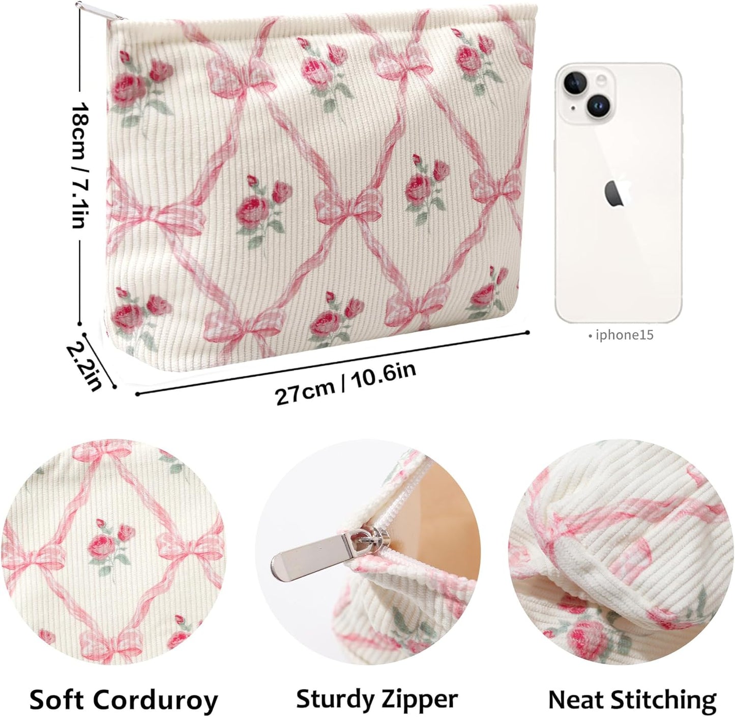 Cosmetic Bags for Women - Corduroy Cosmetic Bag Aesthetic Women Handbags Purses Smile Dots Makeup Organizer Storage Makeup Bag Girls Case Bags (Flowers-Navy blue)