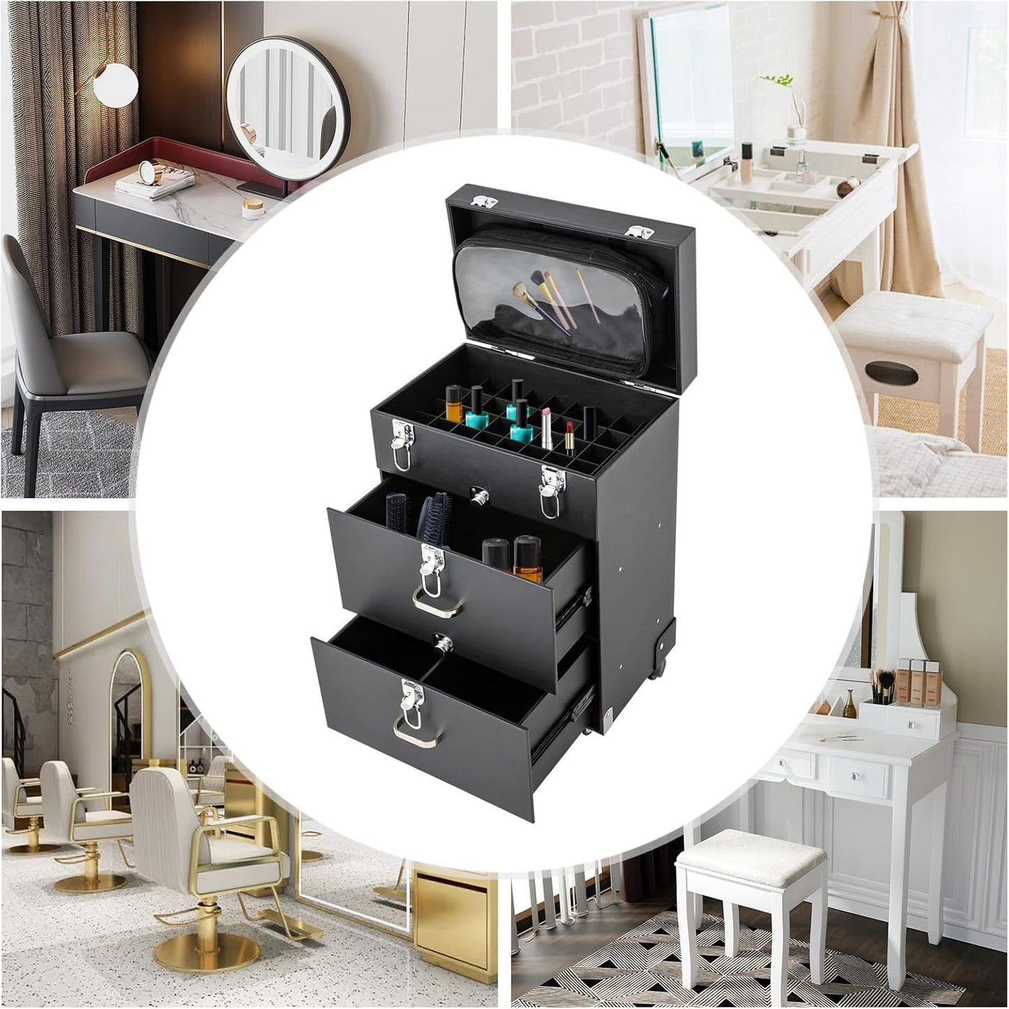 44.09lbs Lockable Makeup Train Case,Rolling Hairdressing Trolley,Beauty Salon Cosmetic Luggage with Universal Wheels for Hair Stylist,Make-up Artists (Black 6)