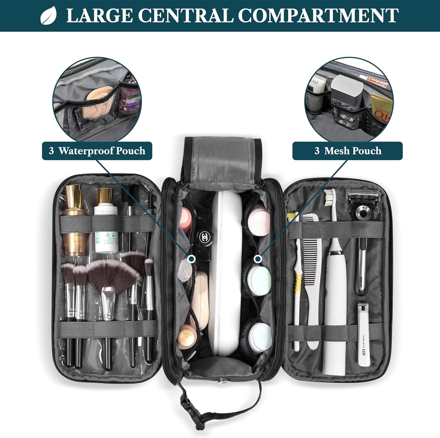 PAVILIA Toiletry Bag for Men Women, Mens Travel Bag Toiletries Organizer Case for Grooming, Travel Essentials Shaving Dopp Kit, PU Leather Water Resistant Cosmetic Pouch, Black