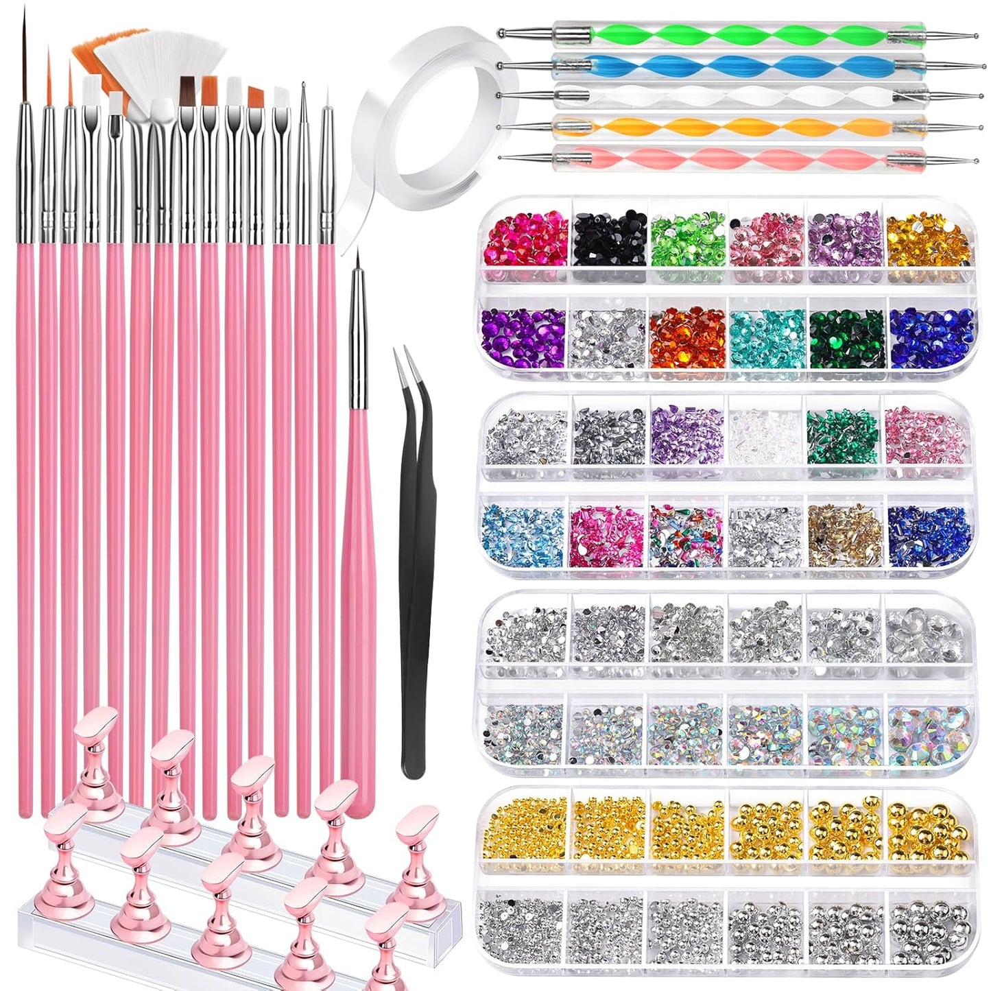 FANDAMEI Nail Art Tools, Acrylic Nail Brush, Nail Stand, Nail Gems And Rhinestones, Nail Holder For Painting Nails, 15 PCS Nail Art Brushes, Nail Dotting Tool, Nail Tools, Nail Design Tools