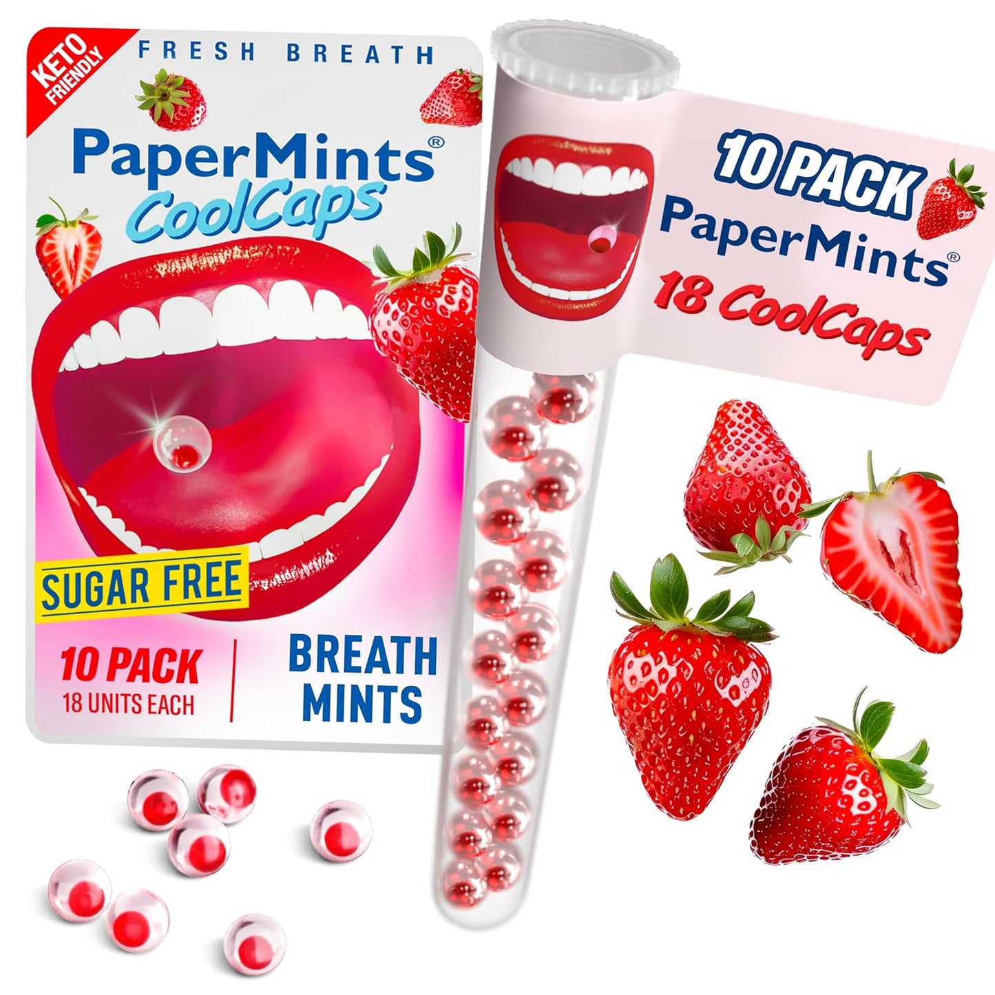 PaperMints CoolCaps Instant Fresh Breath Mints Sugar-Free Strawberry. Breath Freshener, After Dinner, Dry Mouth Relief 10 pack of 18