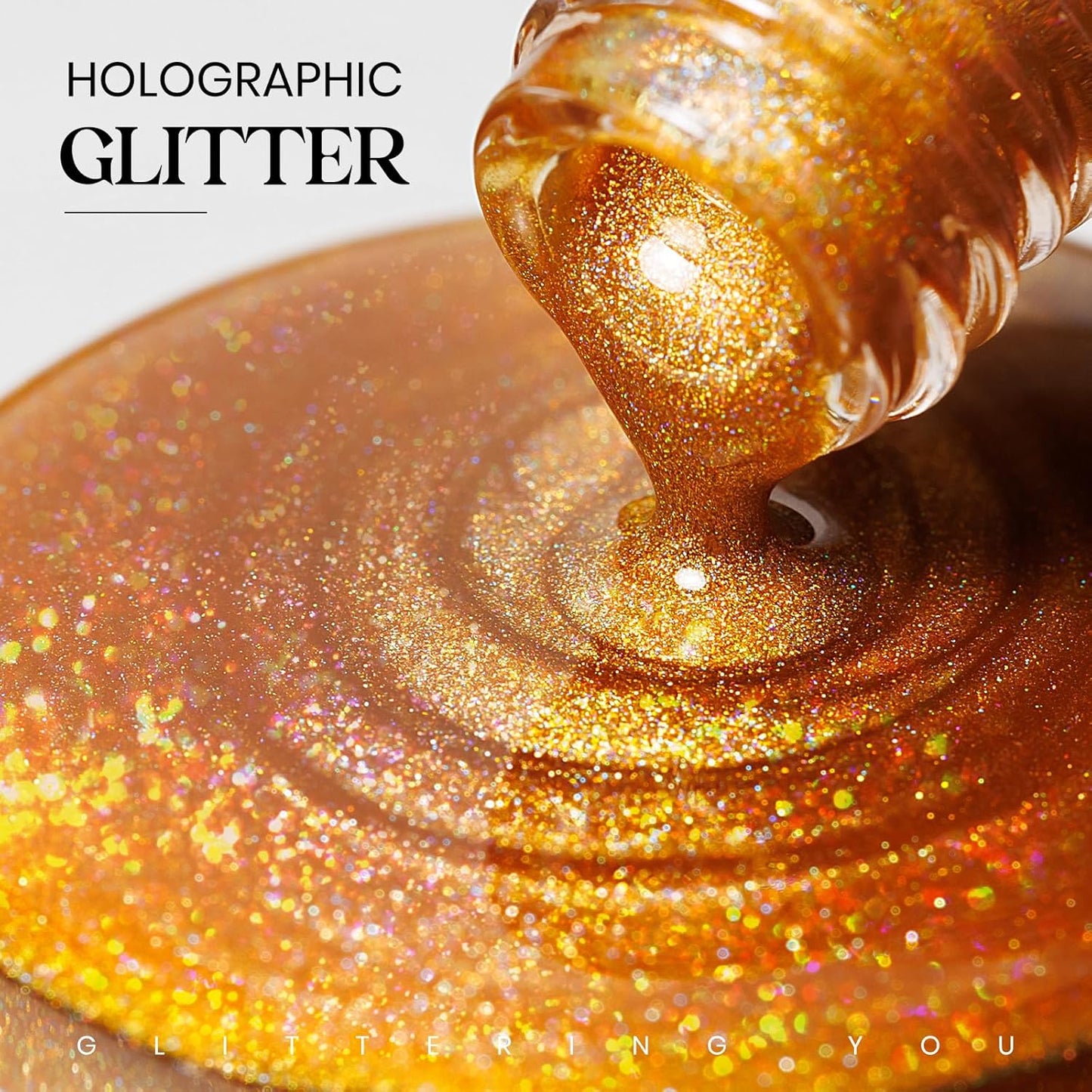 MIZHSE Holographic Nail Polish, Gold Glitter Nail Polish Air Dry Fast, 15 ml 0.5 fl oz High Glossy Shiny Nail Pigment Oil-based Laser Iridescent Chrome Halo Nail Art Salon Manicure Home