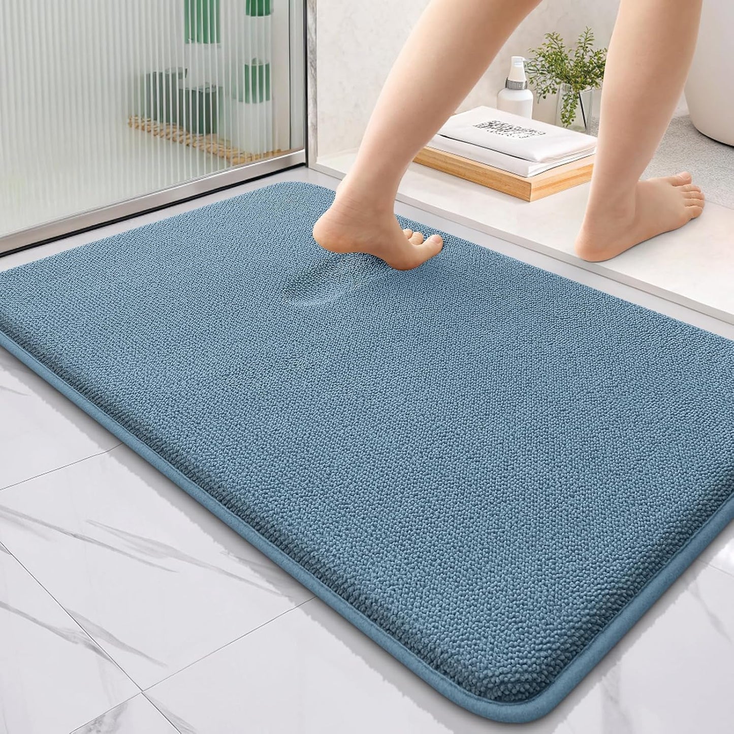 OLANLY Thick Memory Foam Bath Mat Rug 36x24, Extra Soft Absorbent Bathroom Rug, Quick Dry Bath Mats, Non-Slip, Machine Washable Carpet for Bathroom, Tub and Shower, Home Decor Accessories, Airy Blue