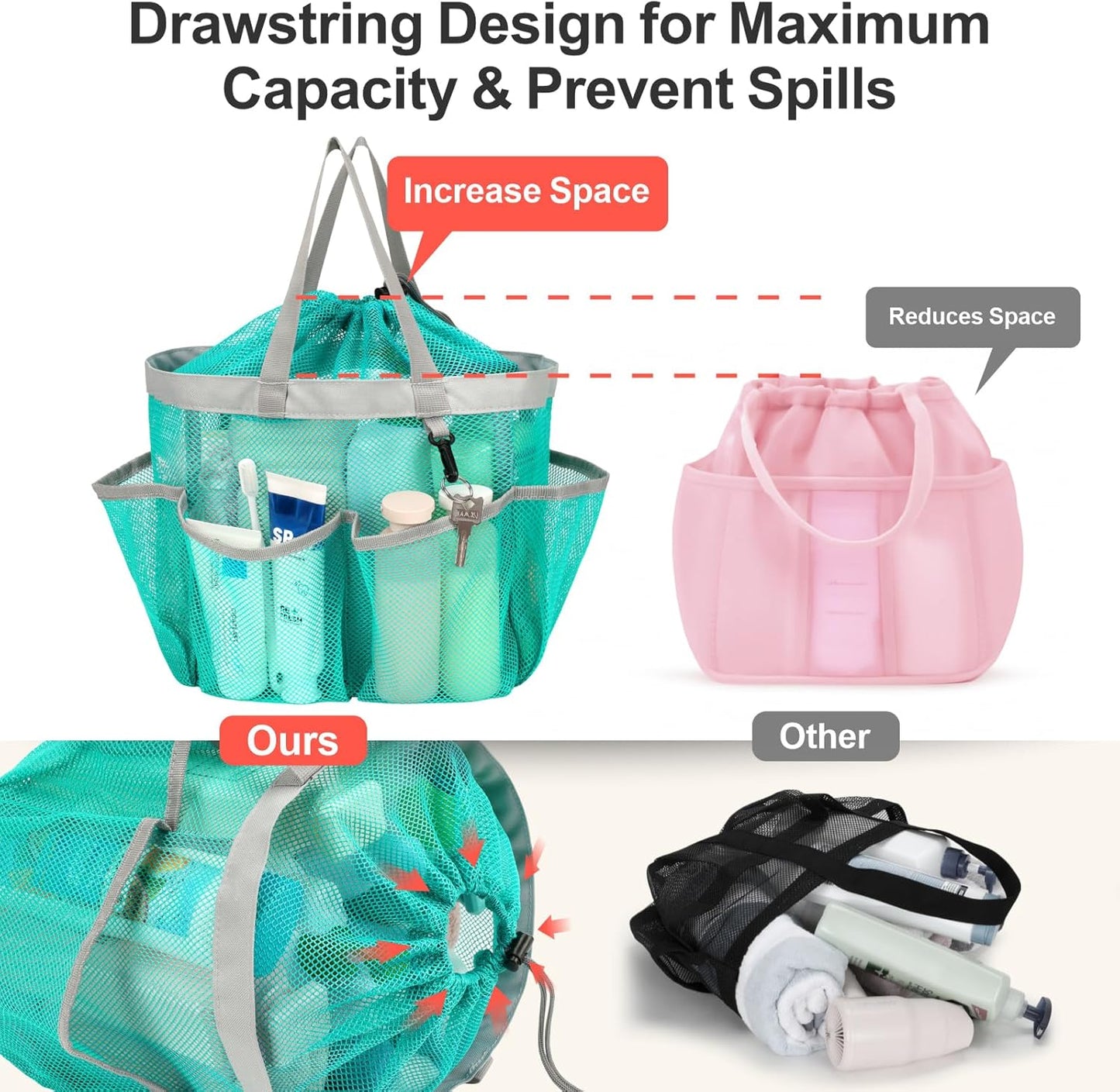 F-color Mesh Shower Caddy Portable with Drawstring - Upgrade Deeper 7 Pockets Dorm Room Essentials for Guys Girls with S Hook, Shower Bag Basket Tote for College Camping Toiletry Bathroom, Mint Green