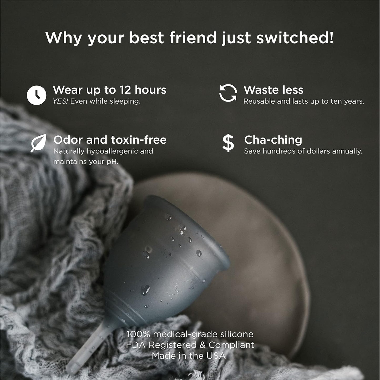 Saalt Soft Menstrual Cup – Reusable Period Cup – Made for Comfortable, Leak-Free Protection Up to 12 Hours – BPA & Latex Free – Includes Cup & Carry Bag (Small, Grey)