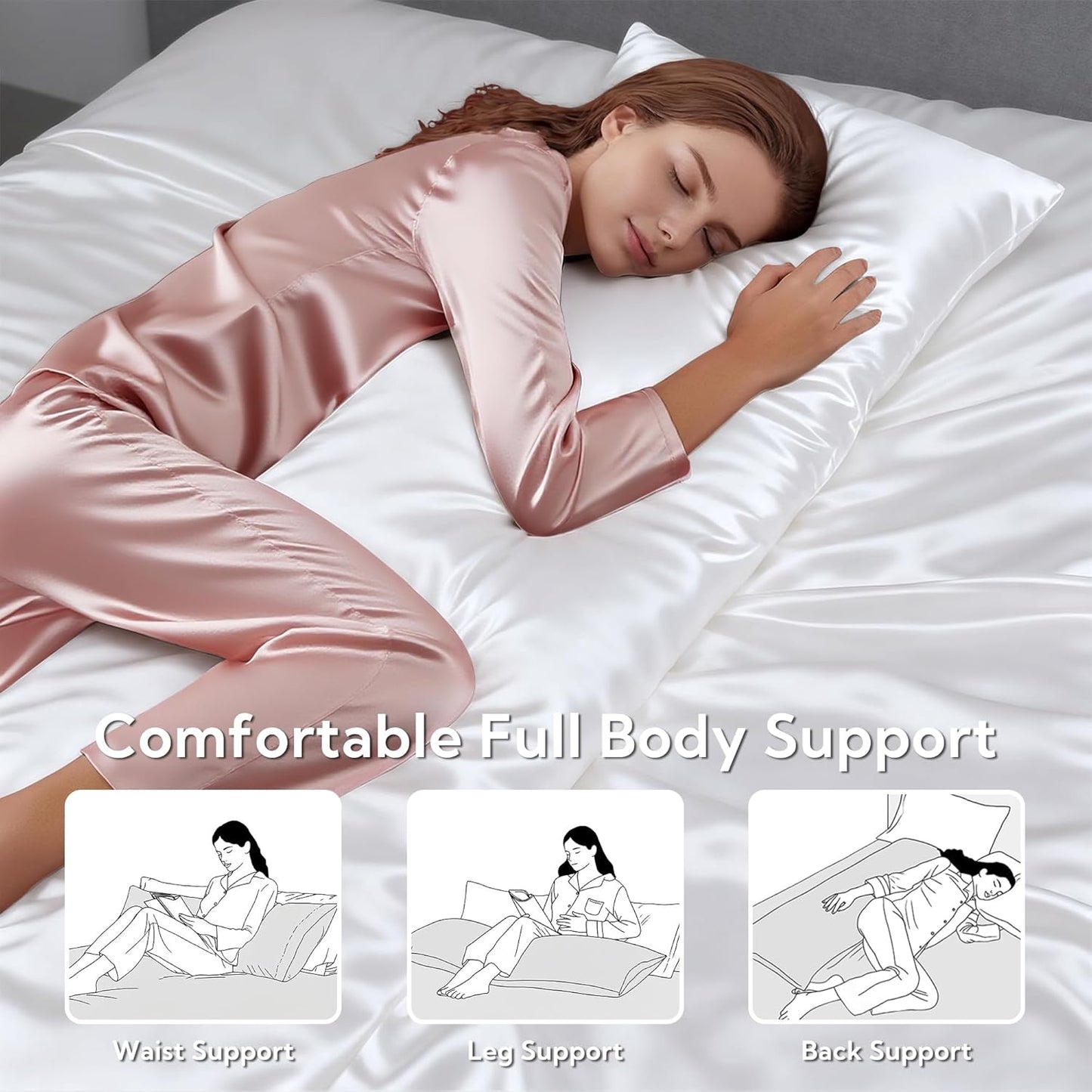 MR&HM Satin Body Pillow Cover, Soft and Breathable Body Pillow Case with Envelope Closure, Cooling and Silky Long Pillowcase for Hair and Skin,Grey (20x54, White)