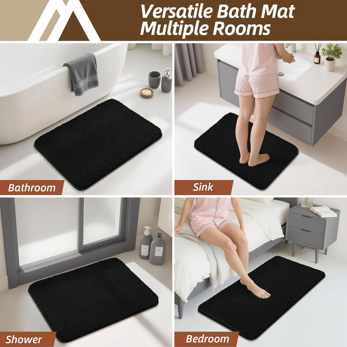 COSY HOMEER Bathroom Rugs Mat 20”x32” Absorbent Non-Slip Bath Mat Plush Shaggy Machine Washable Bath Rugs Soft Polyester Bath Mats for Bathroom Floor,Tub and Shower,Black