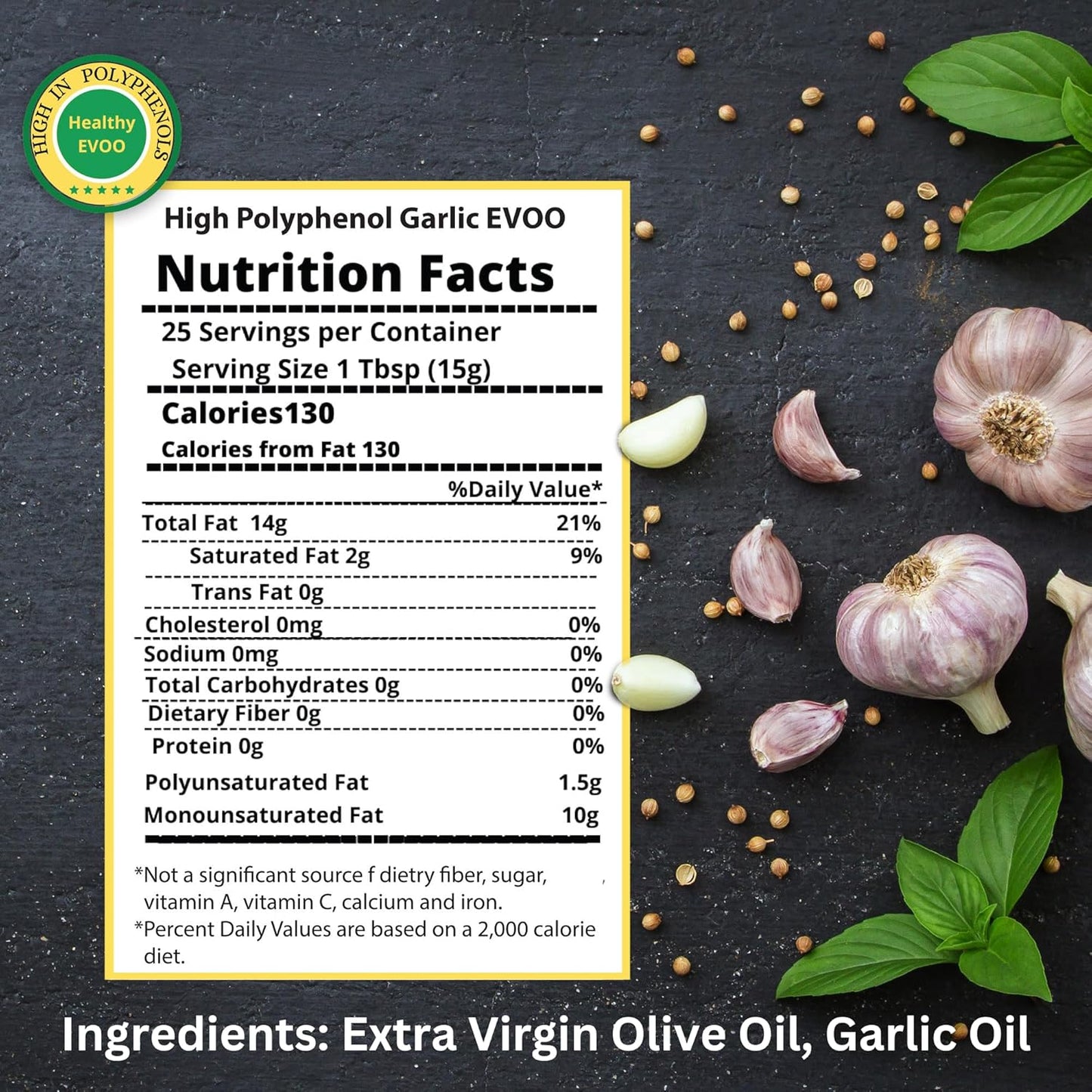 M.G. PAPPAS High Polyphenol Rich Garlic Infused Olive Oil - Extra Virgin Olive Oil Polyphenol Lab Report 650mg/kg - Cold Pressed & Unfiltered - High Hydroxytyrosol Greek Olive Oil - Award Winning