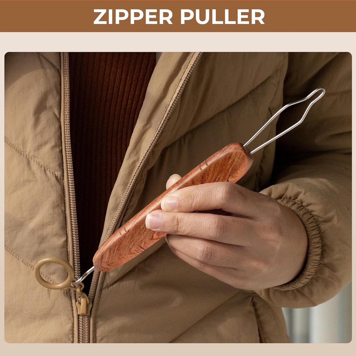 Button Hook & Zipper Pull Helper with Wooden Handle – Comfortable Grip Button Assist Tool for Easy Dressing, Seniors, and Daily Use