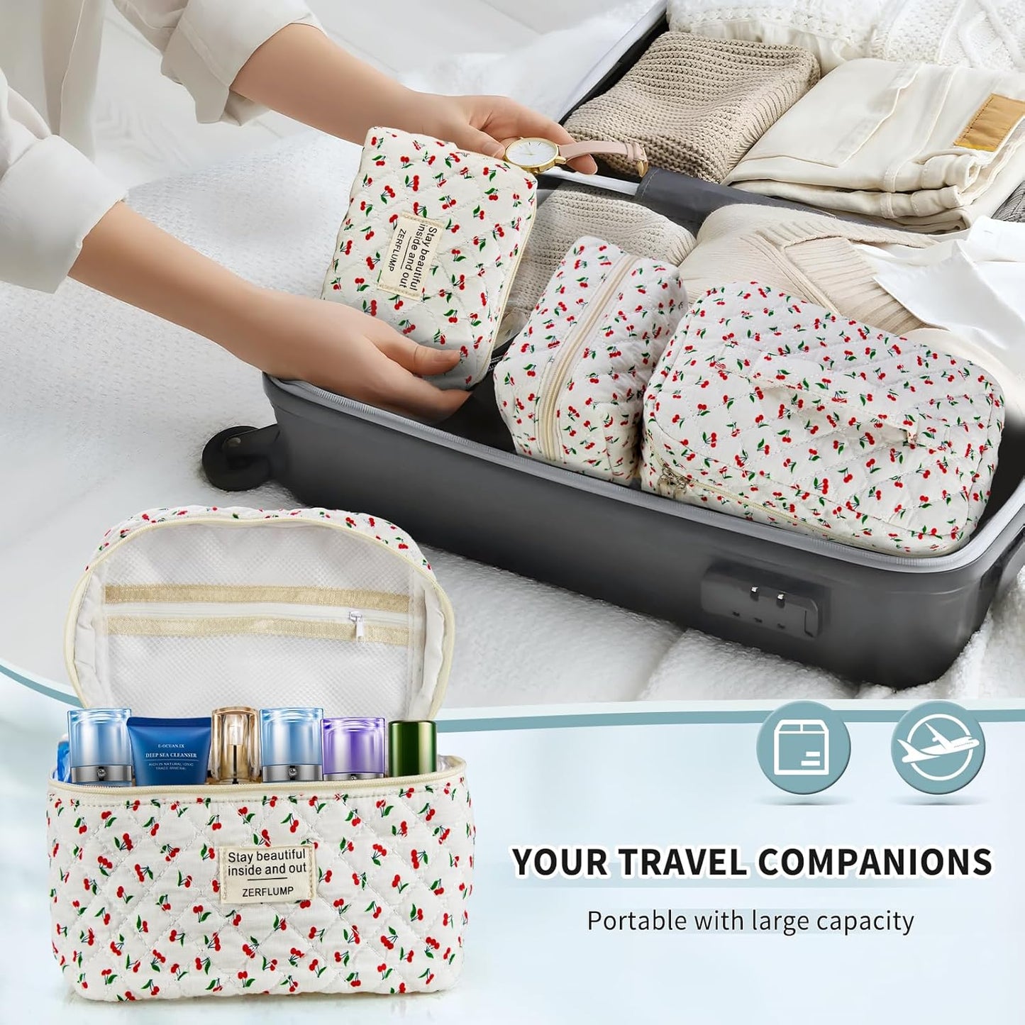 Cute Quilted Floral Makeup Bag(3Pcs)，Coquette Aesthetic Cosmetic Bag，Travel Toiletry Bags， Kawaii Aesthetic pouch for Women (5 - Cherry)