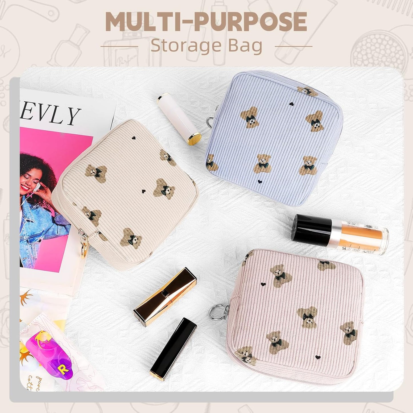 Cute Period Bag for Teen Girls, Bears Corduroy Sanitary Napkin Storage Bag, Menstrual Pad Pouch Tampon Holder for Purse (Khaki)