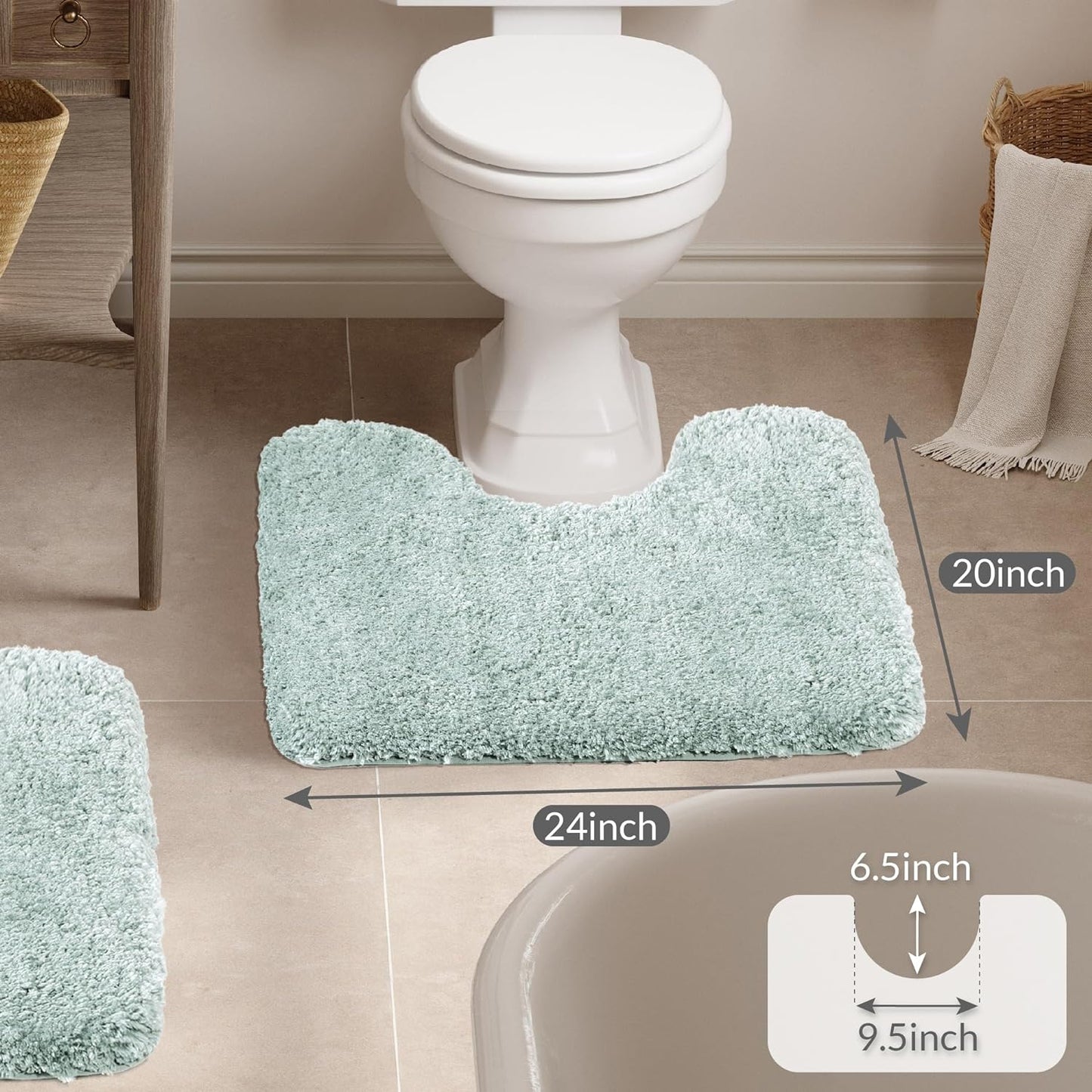 Walensee Contour Rug (20x24, Aqua) Non Slip Bath Mat, Soft Microfiber Shaggy Mat, Machine Washable, U Shape Toilet Rug