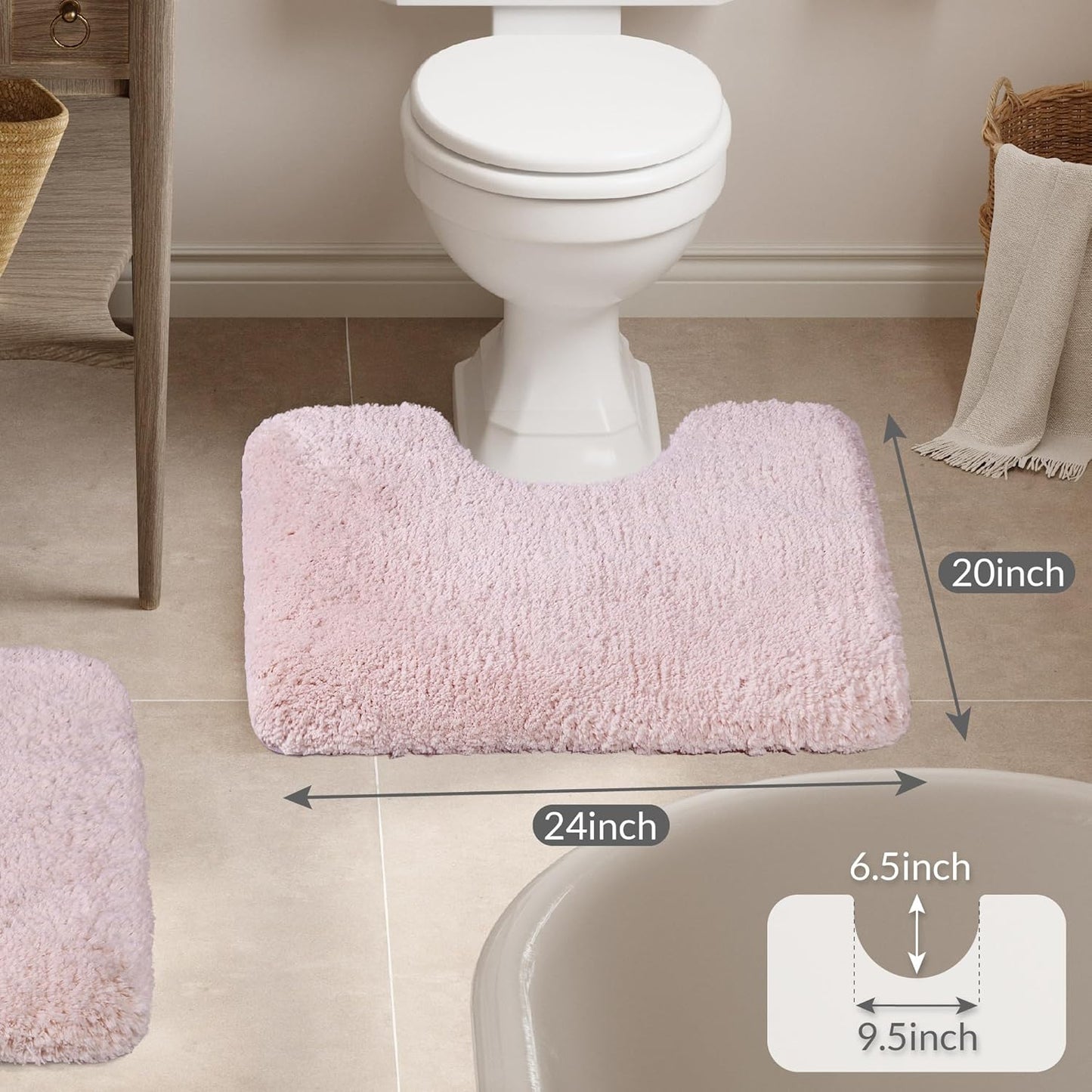 Walensee Contour Rug (20x24, Dusty Pink) Non Slip Bath Mat for Bathroom - Water Absorbent Soft Microfiber Shaggy Mat - Machine Washable U Shape Toilet Rug