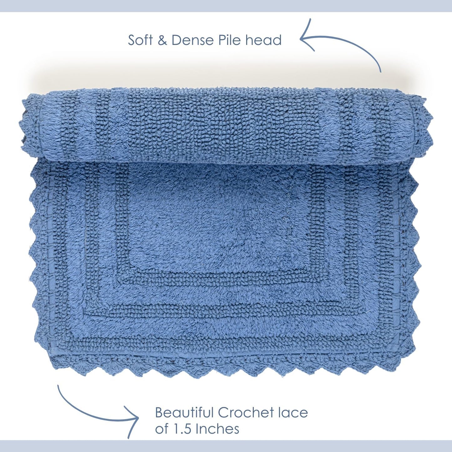 RAJRANG Parisian Blue Bathroom Mat with Crochet Pattern - 34x21 Inches Cotton Reversible Rectangular Bath Rug for Bathroom Spa Hotel and Restaurant