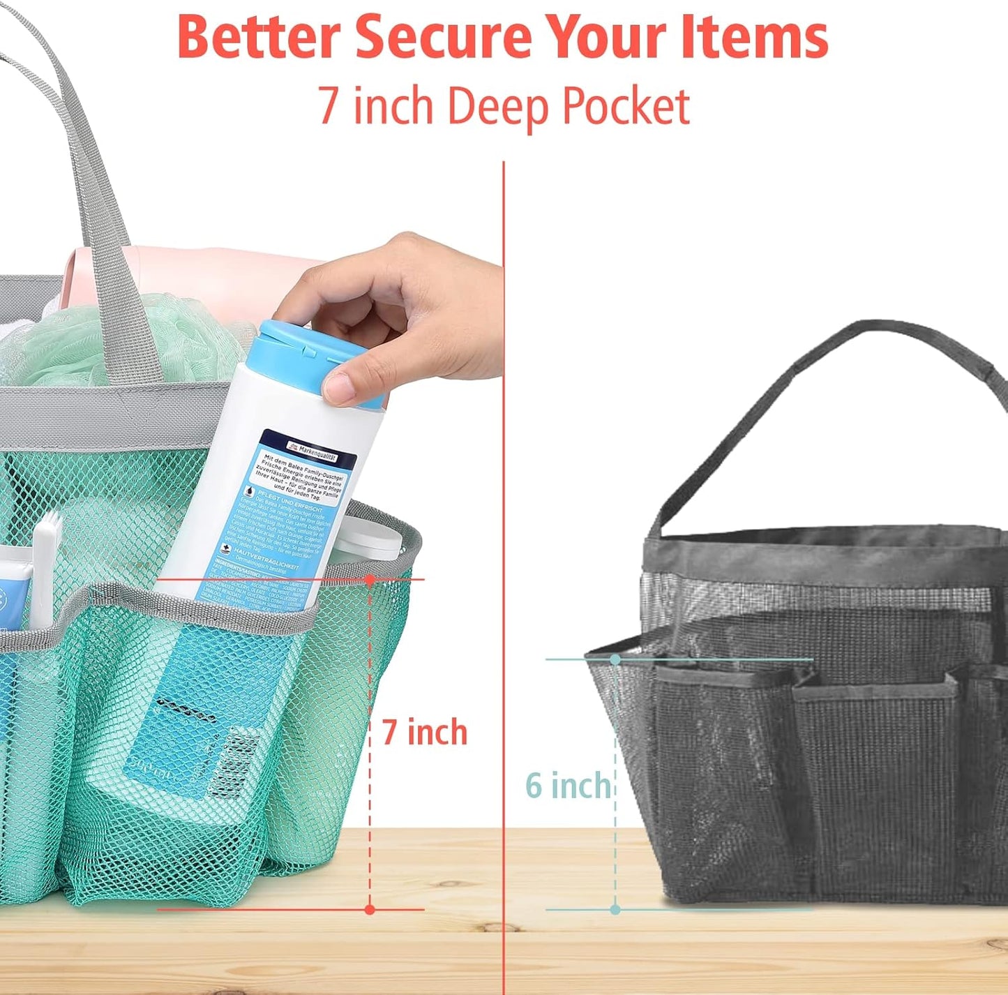 F-color Mesh Shower Caddy Portable with Dividers - Upgrade Deeper 7 Pockets Dorm Room Essentials with S Hook, Shower Bag Basket Tote for Guys Girls College Camping Toiletry Bathroom, Mint Green