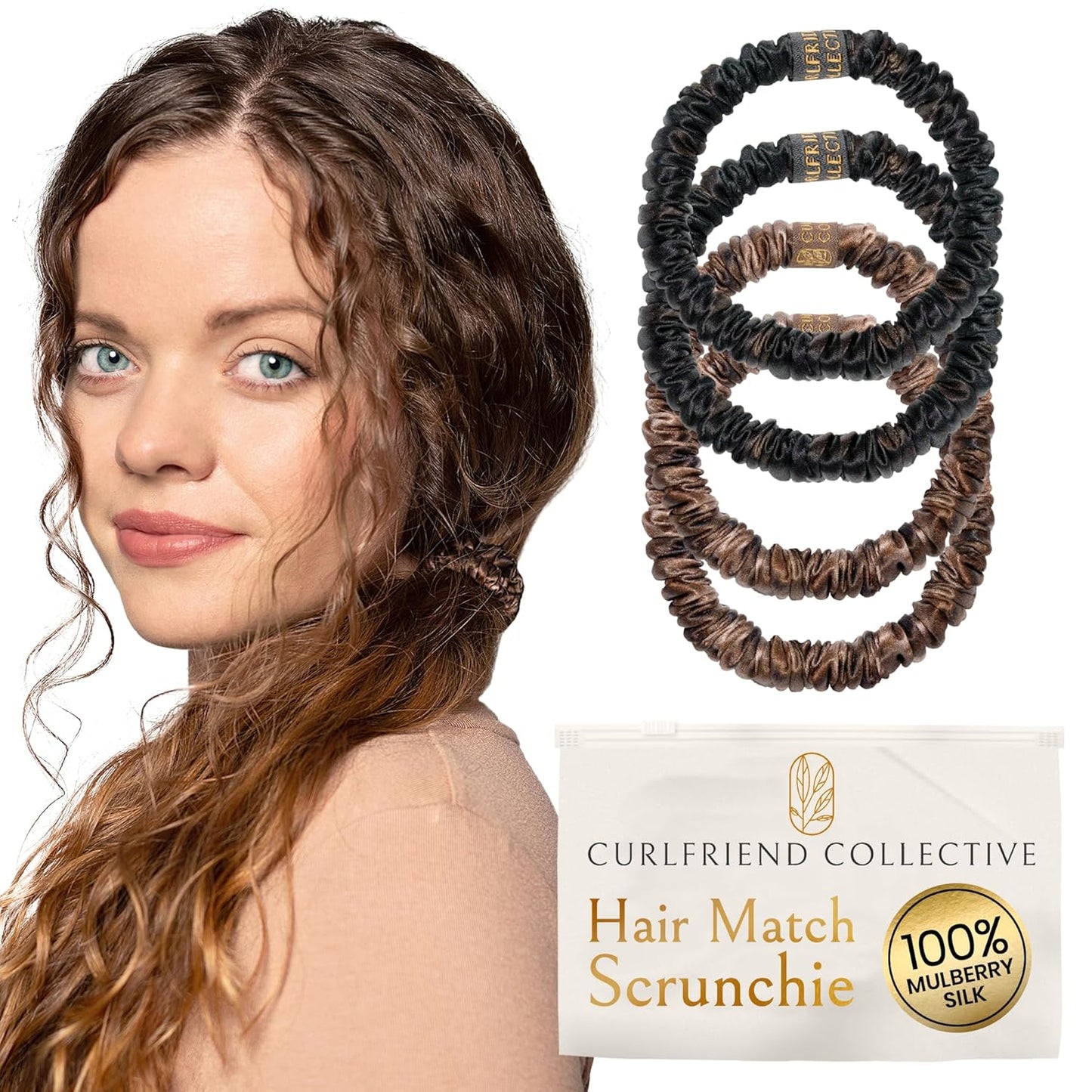 Mulberry Silk Skinny Hair Match Scrunchies for Women, Anti-Breakage Hair Ties for Curly, Thick & Thin Hair, 100% Silk, Satin Hair Scrunchies for Buns & Ponytails, Brown/Medium/Deep Brunette, 4-Pack