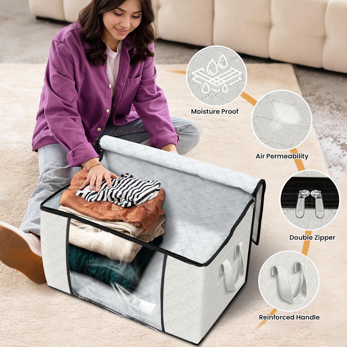 Fab totes 24 Gallons Clothes Storage, Foldable Thick Fabric Blanket Storage Bags, Containers for Organizing Bedroom, Closet, Clothing, Comforter, Organization with Handle (3 Pack,Ivory)