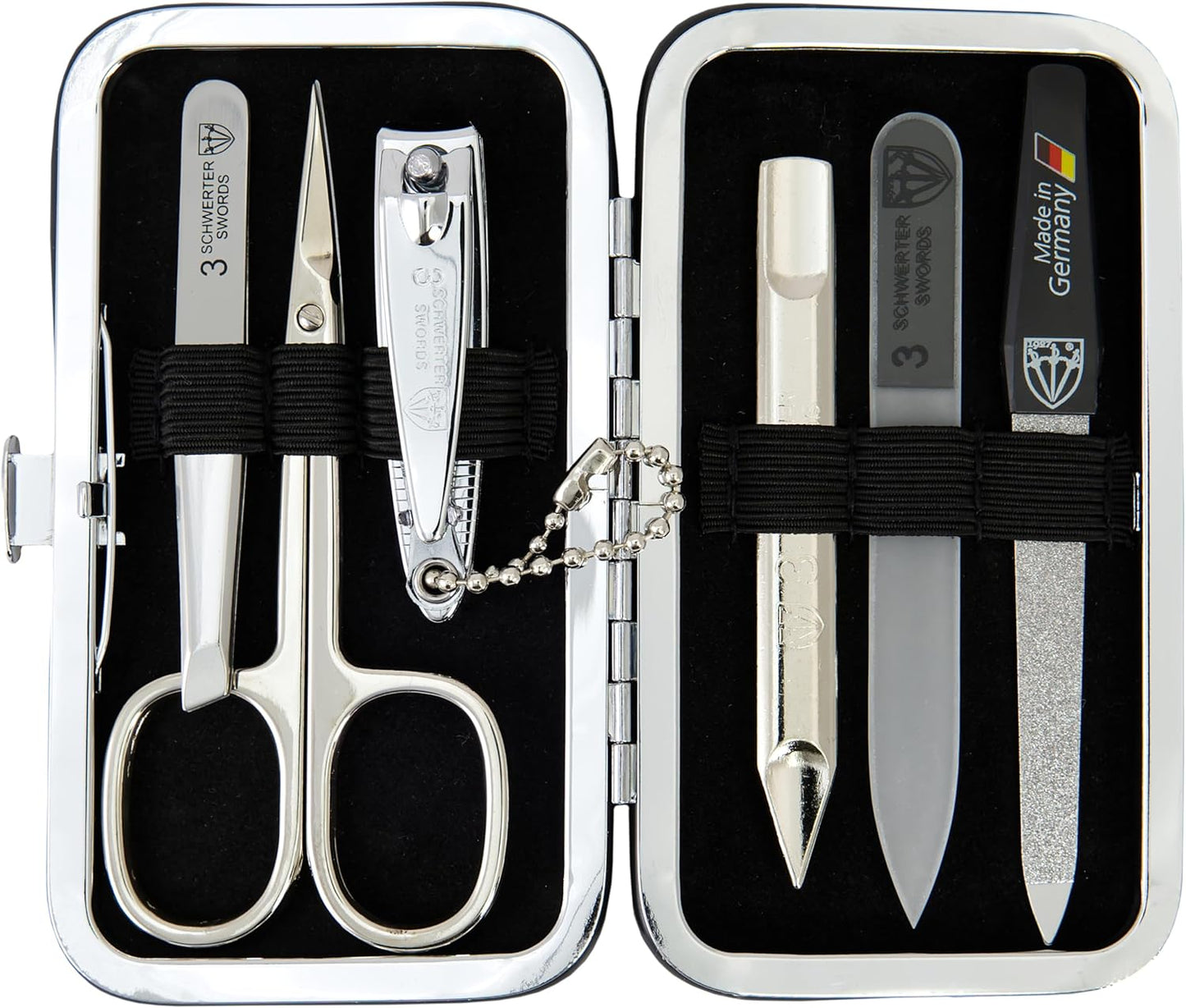 3 Swords Germany - Brand Quality 6 Piece Manicure Pedicure Grooming kit Set - Scissors, Metal and Glass Nail File, Clipper, Tweezers with Synthetic Leather case - Chequered