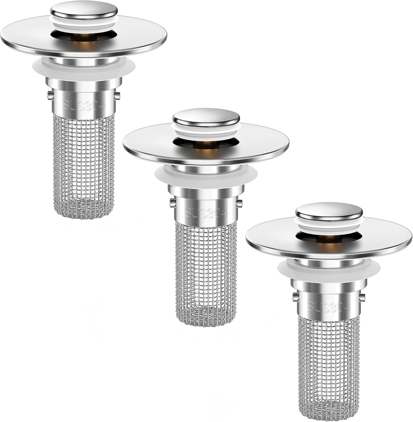 Bathroom Sink Drain Strainer, Pop-Up Bathroom Sink Stopper with Removable Stainless Steel Hair Catcher Basket, Universal Fit for US Bathroom Sinks, Bathtubs, Showers & Floor Drains (3PCS)