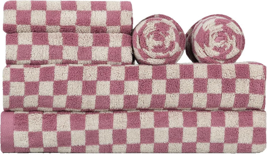 Checkered Bath Towels Set of 6 Large, 520GSM, 100% Cotton Shower Towels * 2 (55.12"*27.56"), Hand Towels * 4 (29.52"*13.77"),Towels for Bathroom、Pool、Hotel, Spa, Soft Absorbent（Pink