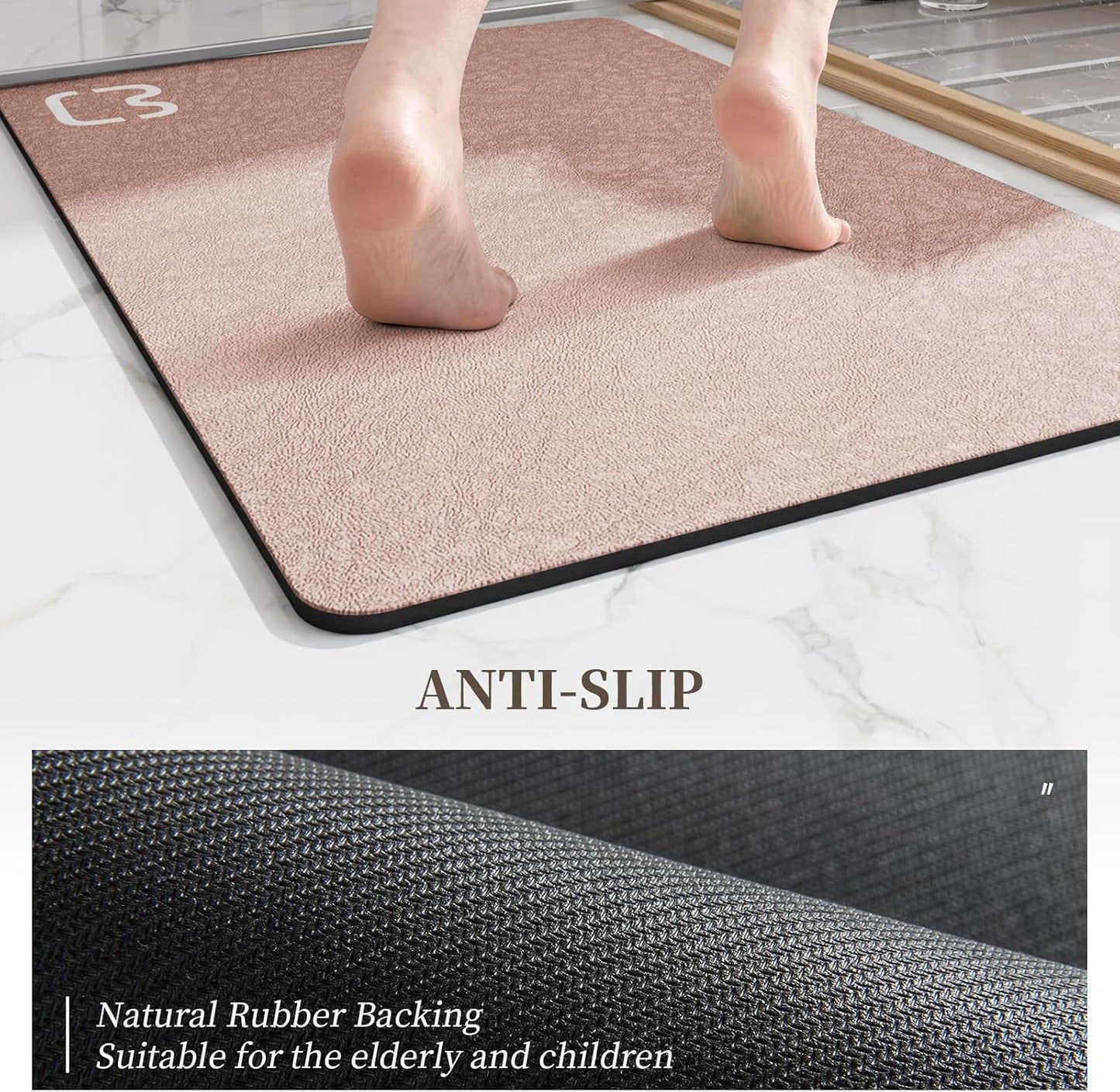 Diatomaceous Earth Bath Mat Rugs Quick Dry Super Absorbent Non Slip Rubber Bottom Thin Bathroom Mat Fit Under Door, Floor Rugs in Front of Bathtub,Shower Room,Sink,Washable, 15.7"x23.6", Blush Pink