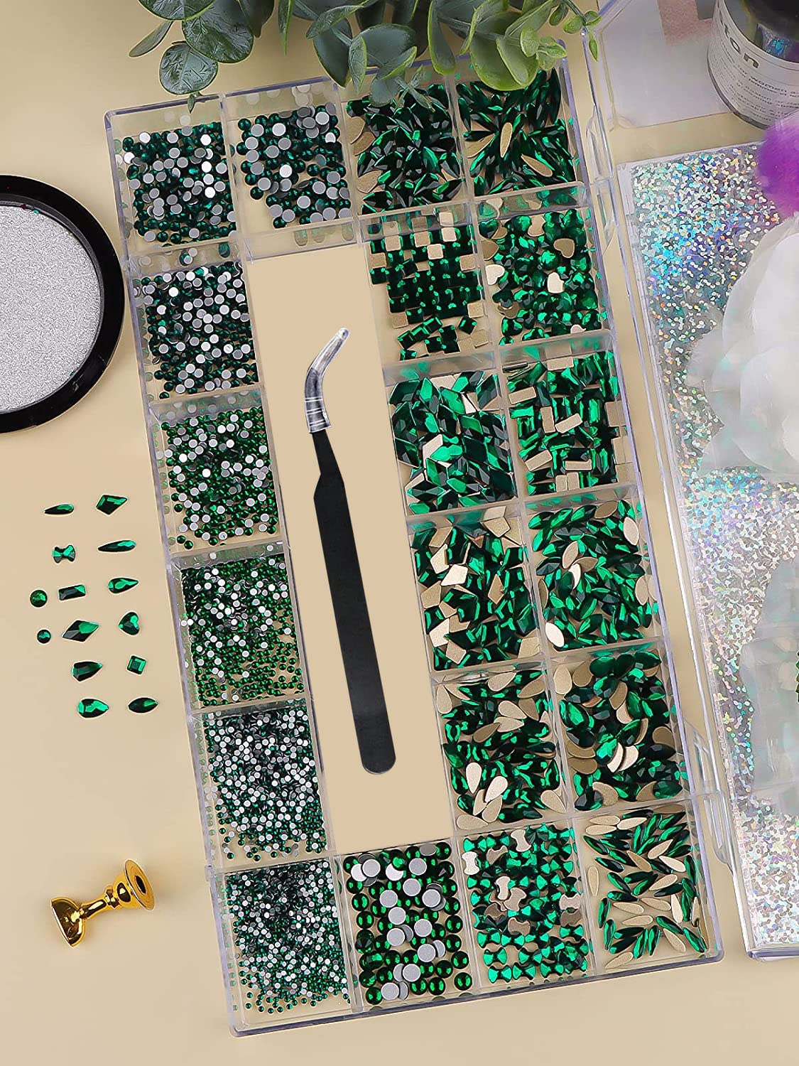 3100Pcs Green Rhinestones for Nail, EBANKU 12 Types of 600 Nail Diamonds +2500 Flat Rhinestones Kit Mixed Shape AB Nail Gems Jewels with Rhinestone Picker Dotting Pen Tweezers
