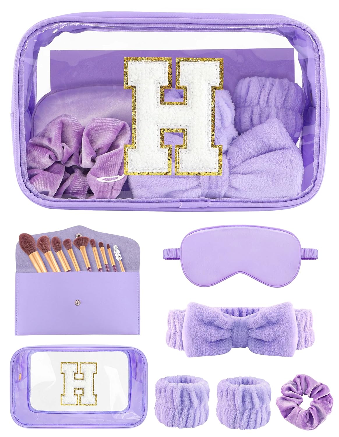 Gift Sets for Women, Initial Makeup Bag with Makeup Brush Set Bachelorette Party Favors, Purple Spa Kit with Skincare Headbands Wrist Bands Sleepover Party Supplies Gifts for Teen Girls Bridesmaid H