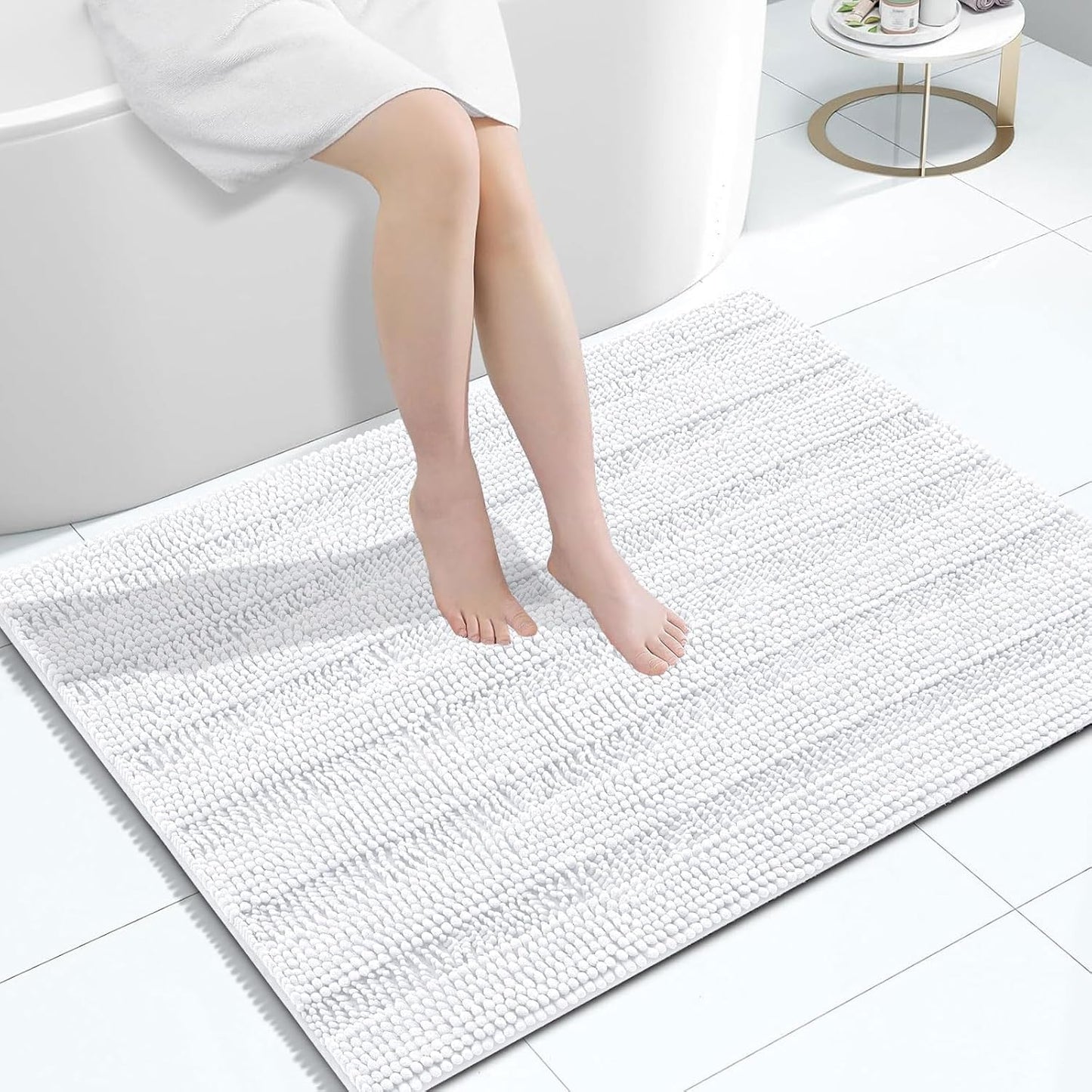 Grandaily Chenille Striped Bathroom Rugs 40x32, Extra Thick and Absorbent Bath Mats, Non-Slip Soft Plush Shaggy Shower Carpet, Machine Wash Dry, Bath Rug for Bathroom, White