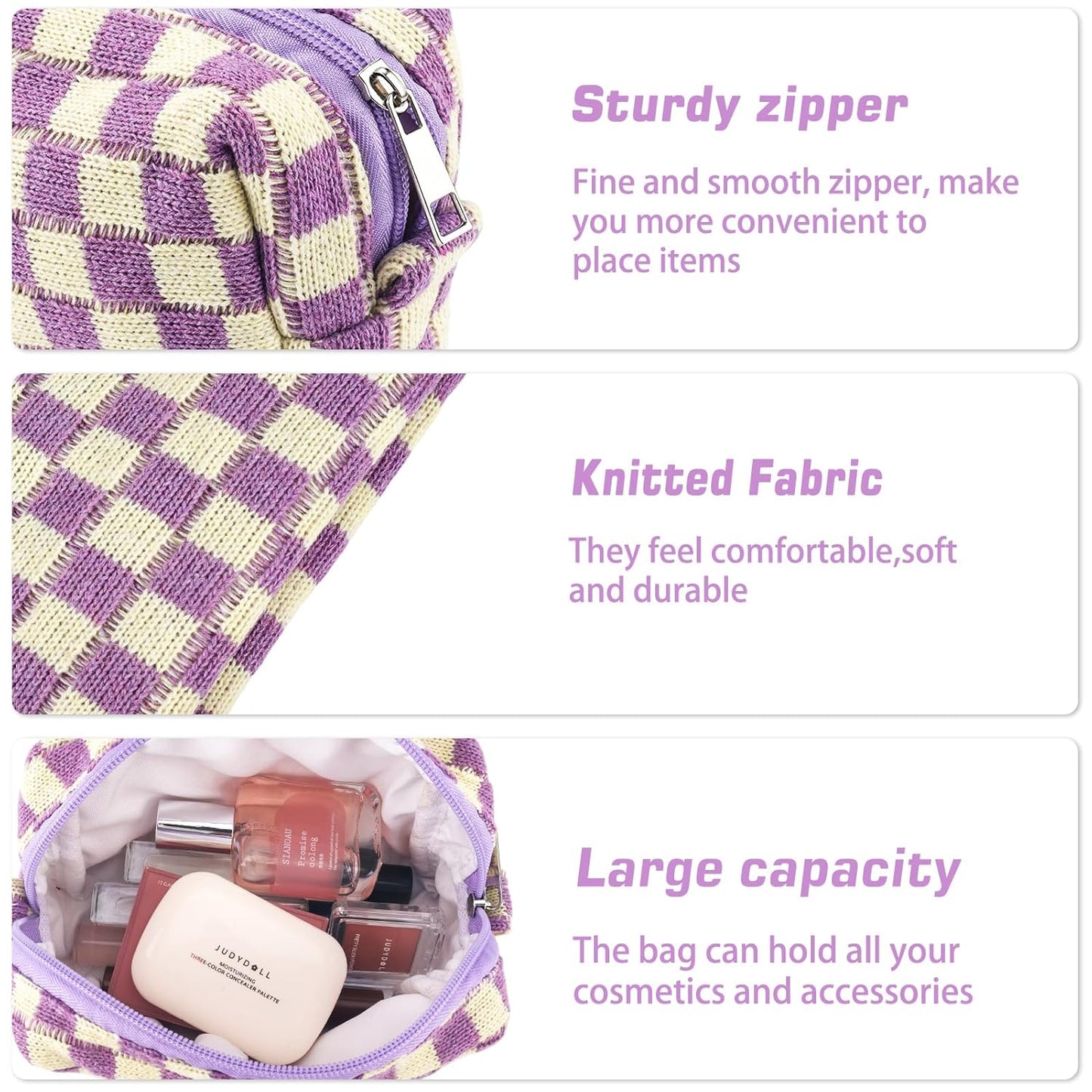 2Pcs Checkered Pencil Case Cute Pencil Pouch for Teens Checkered Makeup Bag Travel Cosmetic Bag Set Cute Makeup Pouch for Purse Portable Zippered Skincare Bags Preppy Toiletry Bags Organizer(Purple)