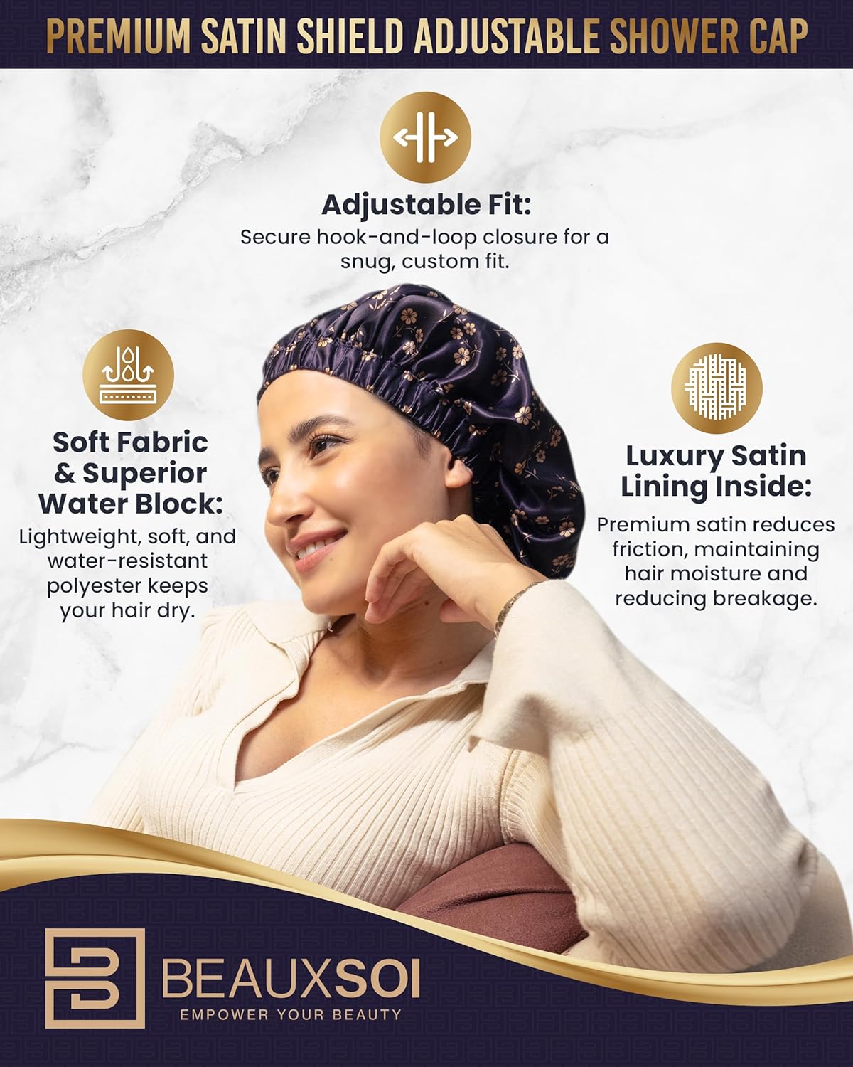 Luxury Reusable Shower Cap for Women - Satin Lined, Adjustable & Waterproof - Keeps Hair Dry- Durable Hair Bonnet by BEAUXSOI (Fleur de Nuit) - Floral design