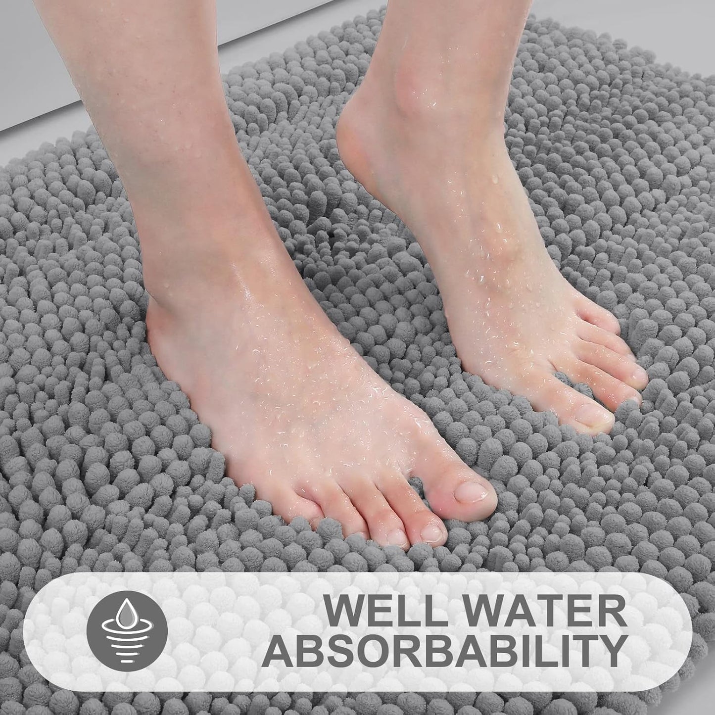 Grandaily Chenille Striped Bathroom Rugs 47x17, Extra Thick and Absorbent Bath Mats, Non-Slip Soft Plush Shaggy Shower Carpet, Machine Wash Dry, Bath Rug for Bathroom, Dark Gray