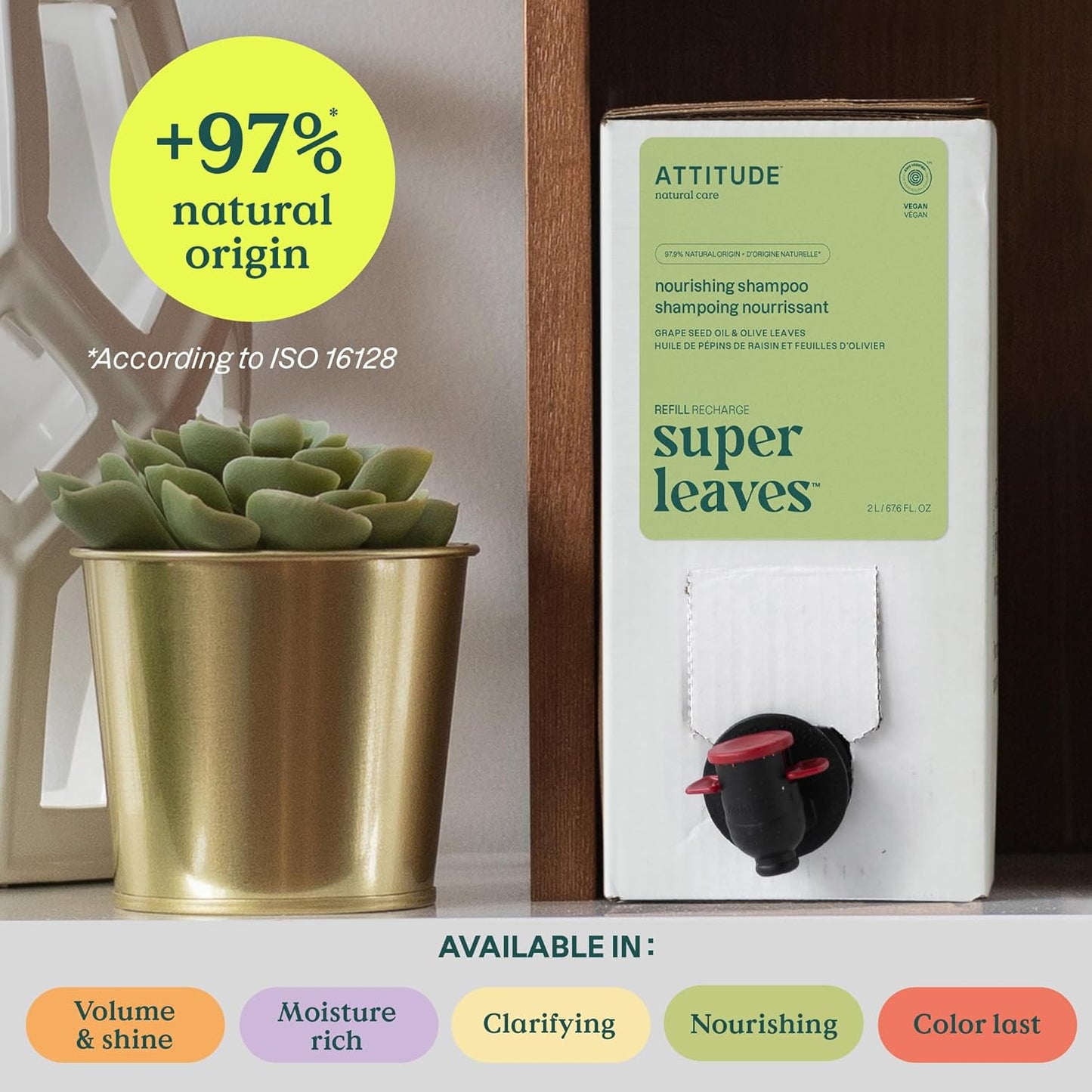 ATTITUDE Nourishing Hair Shampoo, EWG Verified, For Dry and Damaged Hair, Naturally Derived Ingredients, Vegan and Plant Based, Grapeseed Oil and Olive Leaves, Bulk Refill, 67.6 Fl Oz