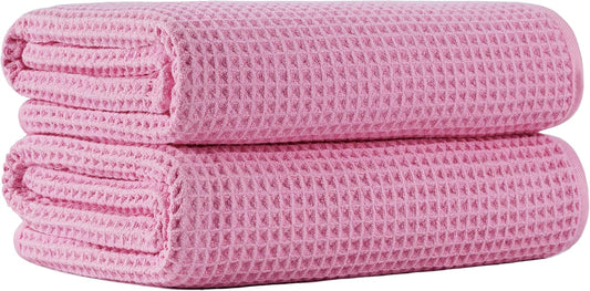 New Microfiber Waffle Bath Towels, 2 Pieces, Oversized, Soft, Absorbent, Fast Drying, Lint Free (Pink)