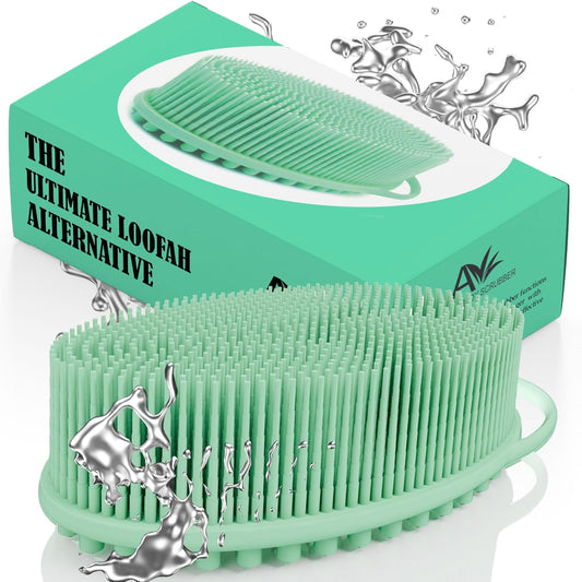 Avilana Silicone Body Scrubber - Food Grade & Lab Tested, Gentle Exfoliating Shower Brush for All Skin Types, Hygienic Quick-Dry Loofah Alternative (Green, Massage-Silver)