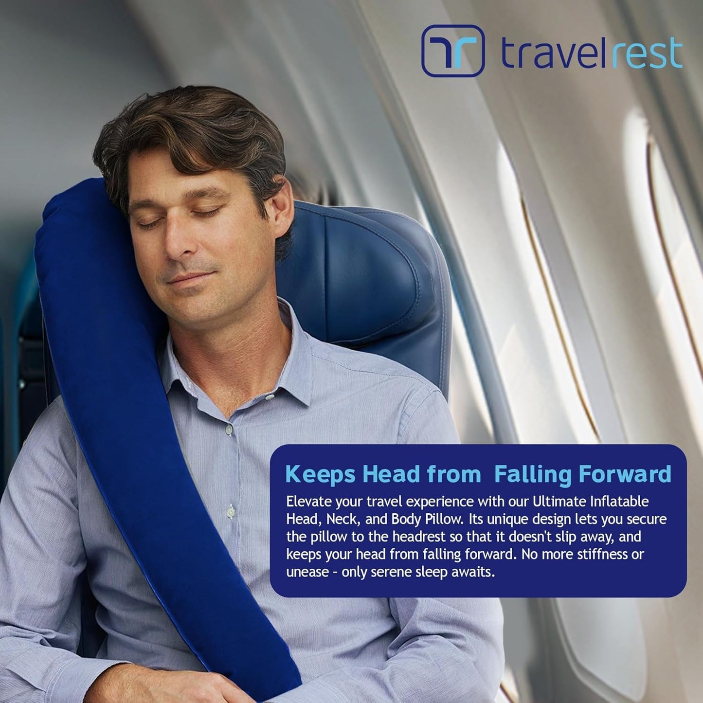 TRAVELREST Ultimate Inflatable Travel Neck & Body Pillow - Travel Essentials, Comfort and Upper Body Support, Airplane Neck Pillow for Long Flight, Straps to Airplane Seat & Car, for All Ages - Blue