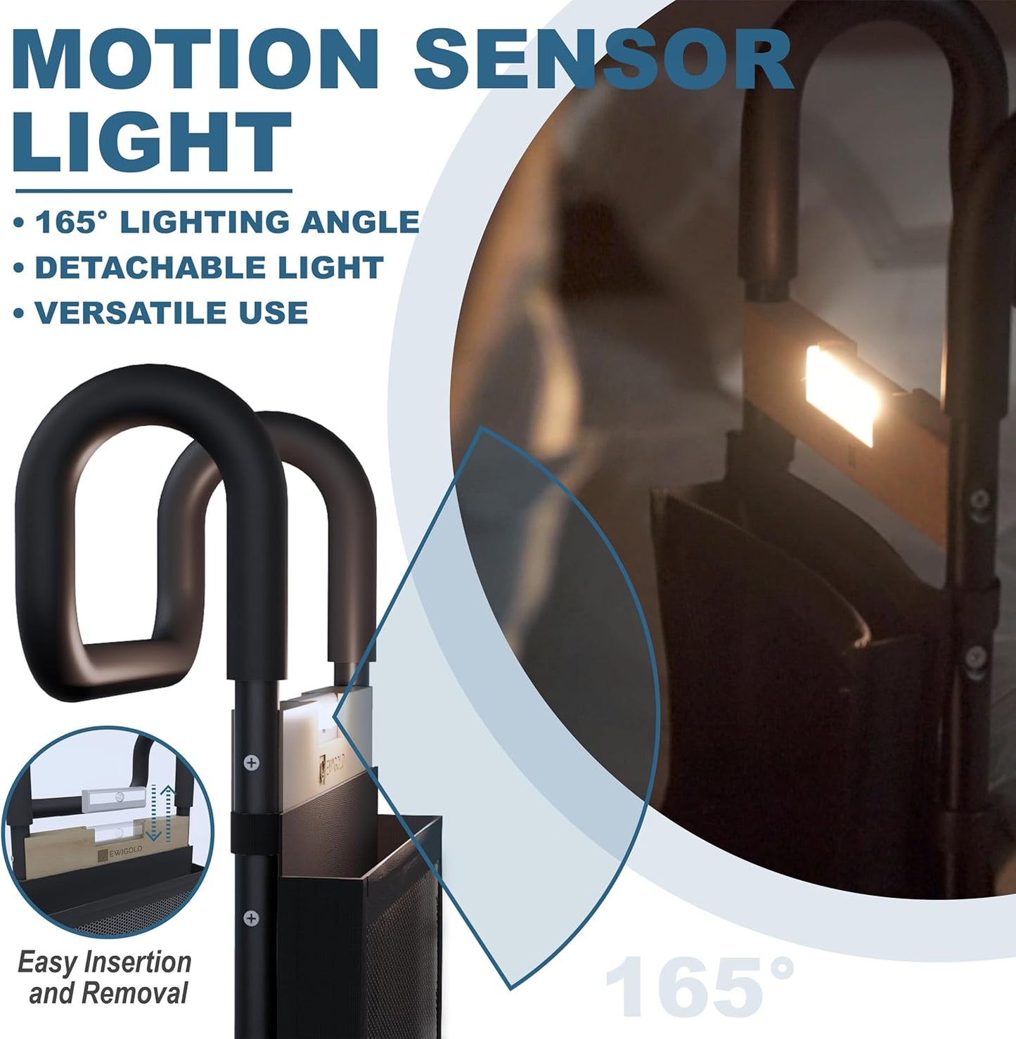 Bed Rails for Elderly Adults Safety - Bed Assist Rail with Height-Adjustable Handle - Bedside Hand Guard Grab Bar with Motion Light and Storage Pocket - Bedside Assist Bar Fits All Bed Sizes