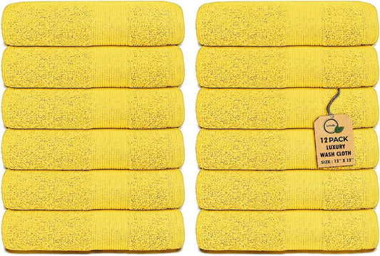Premium Wash Cloths Pack of 12 (13" x 13") 100% Ring Spun Cotton | Luxury Washcloths | Ultra Soft Face Towels | Highly Absorbent Wash Cloths for face (Yellow)