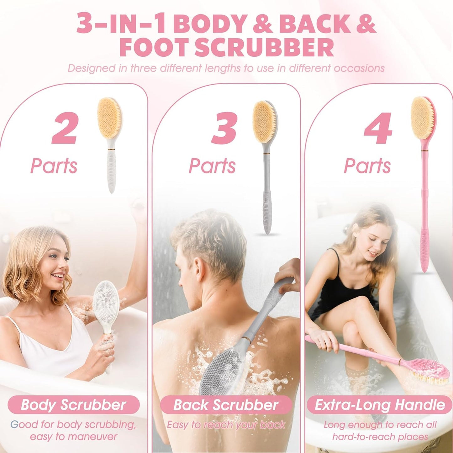New Foot Brush & Back Scrubber Set 2PCS, 10.2''- 27.5'' Adjustable Foot Scrubber for Shower, 18.9'' Shower Back Scrubber with 3-Length Usage, Great Aid for People with Limited Mobility(Pink)