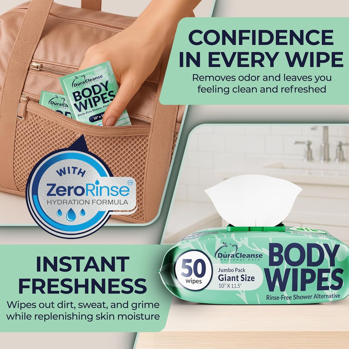 Body Wipes for Women, Extra Moist No Rinse Bathing Wipes (2pk), 100 XL Shower Cloths + 8 Deodorizing Bath Cloths - 9"x12" Travel Size After Gym Cleaning Essentials, Toiletries for Womens Hygiene