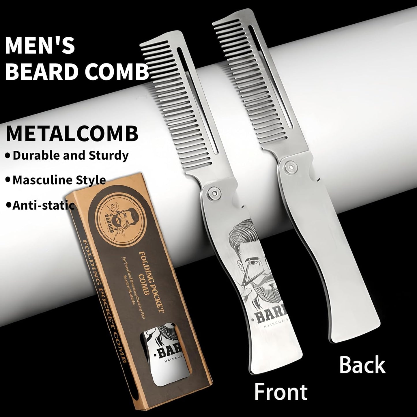 Metal Hair & Beard & Mustache Comb, Multifunctional Folding EDC Pocket Comb With Bottle Opener - Anti-Static for Travel and Everyday Grooming Styling - Silver