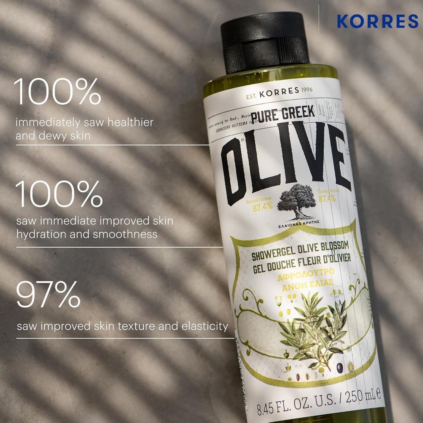 KORRES Shower Gel for Dry Skin, Moisturizing Body Wash Cleanser Made with Pure Greek Olive Oil, Hydrating and Nourishing Bath Soap for Smooth, Supple Skin, Olive Blossom Scented, 8.45 fl oz