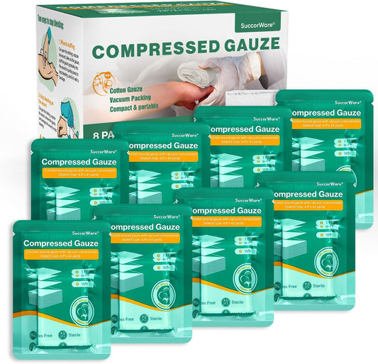 8 Packs Sterile Compressed Gauze with Z-Folded - Wound Gauze for Bleed Stop, 4.5" x 4.1 Yards, 6-Ply - for First Aid Kit,Medical Trauma Kit, IFAK Supplies Refill