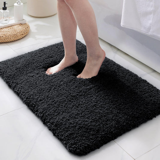 ILANGO Black Bathroom Rugs 30" × 20" Non Slip & Super Absorbent Extra Thick Soft, Washable Bath Mat for Floor, Microfiber Plush Shaggy Bath Rug with Rubber for Bathtub Shower Room Sink