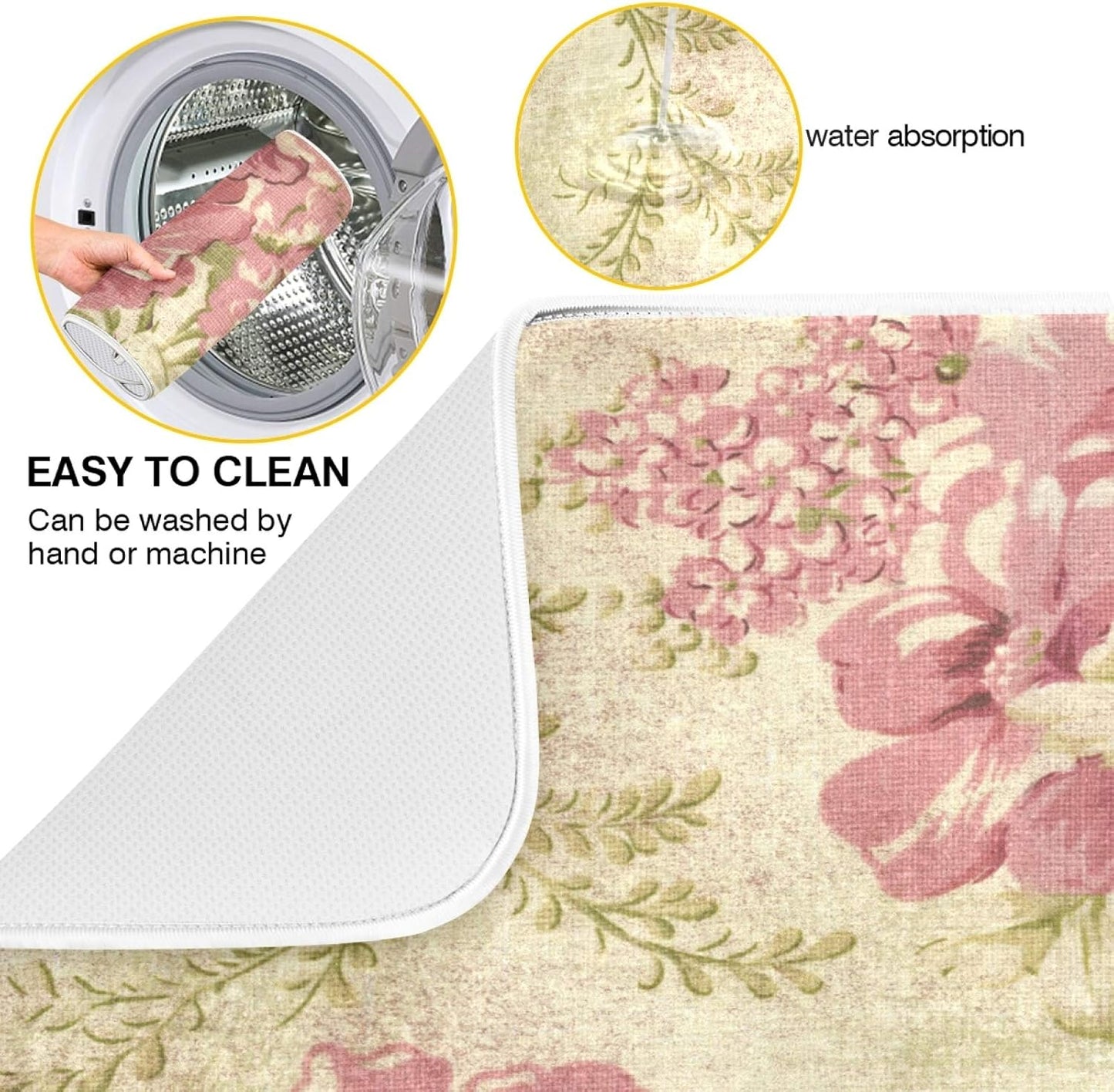 Dish Drying Mat for Kitchen Counter Vintage Pink Rose Absorbent Microfiber Drying Pad Dish Drainer Mat 18 x 16 Inch Reversible Bottles Dish Dry Pad