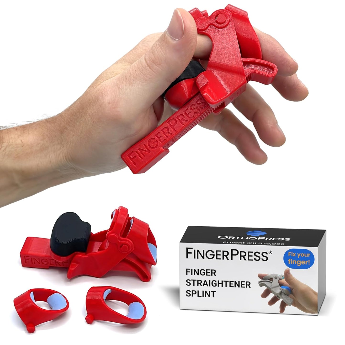 Finger Straightener | PIP Extension Orthosis/Splint For Bent Fingers, PIP Flexion Contractures | Adjustable Joint Stretcher Device | Made in USA | Red/Large