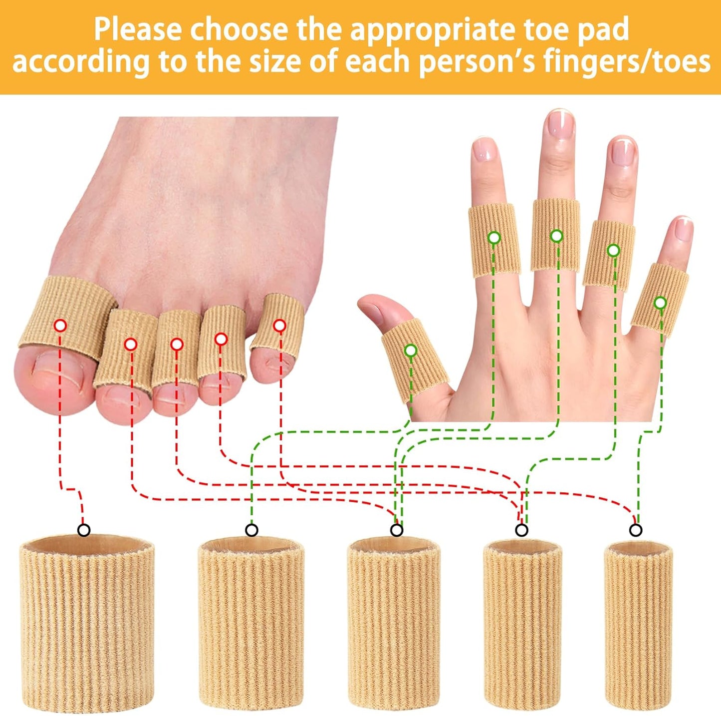 Toe Sleeve Protectors Toe Cushion Tube Soft Gel Corn Pads Protectors, 42PCS Toe Spacers for Bunion, Hammer Toe, Cushions Corns, Blisters, Calluses on Toes, Fingers, Feet, YEAJOIN (5 Size)